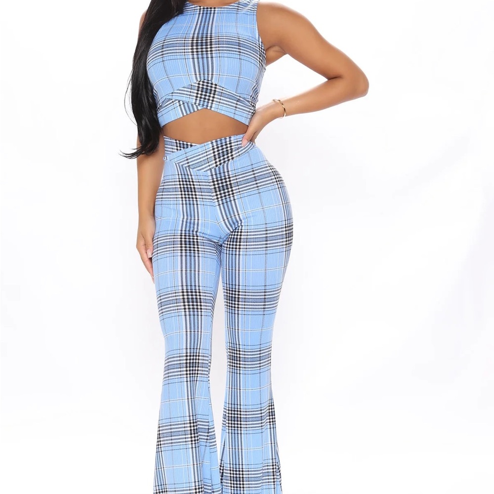 Fashion Nova Blue Plaid Flare Jumpsuit